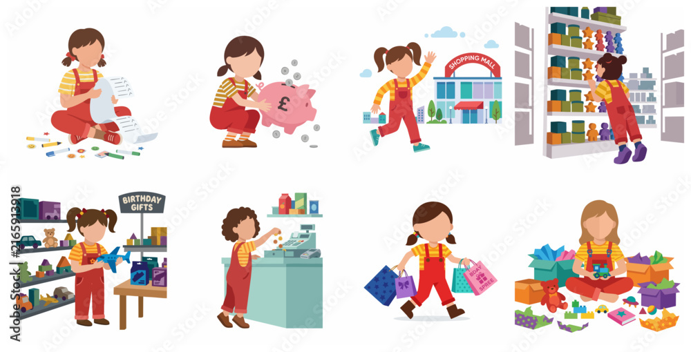 Fototapeta premium Little Girl Shopping, Saving Money, and Buying Birthday Gifts Illustration Set