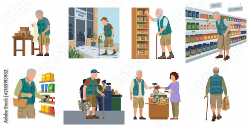 фотографія Senior man shopping for groceries and spices in specialty store flat vector illu