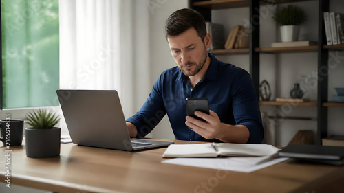 Focused Male Professional Working Remotely in Home Office Using Laptop and Smartphone for Digital Business Management