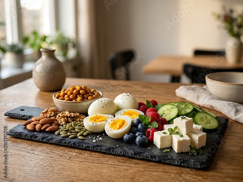 A healthy breakfast board filled with protein-packed snacks on a rustic table