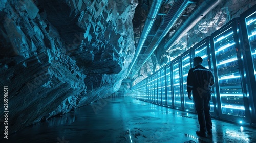 Secure data storage facility server racks inside an underground rock cave

