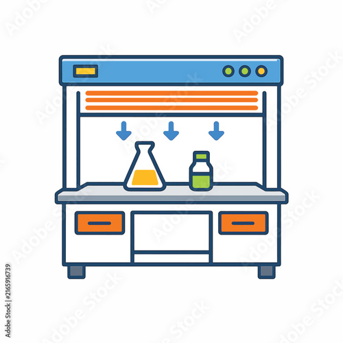 Laboratory setup with chemical glassware and bottles on a workbench