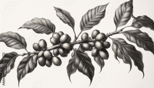elegant pencil artwork of a coffee tree limb with fruit bunches
