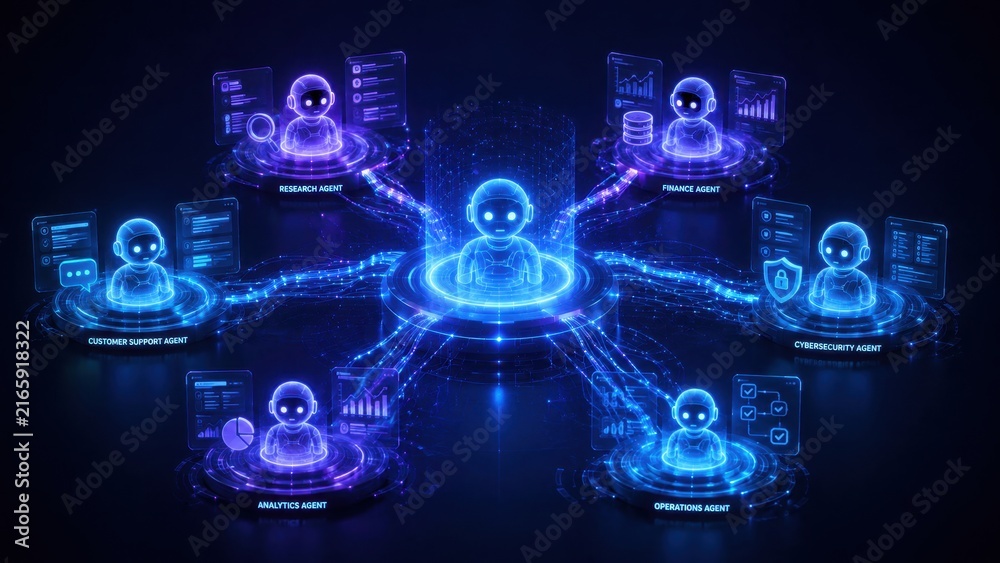 Fototapeta premium AI Agent Network for Business Automation and Digital Workflow Management