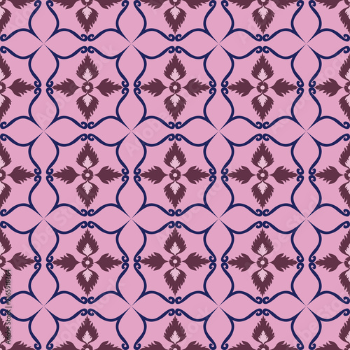 Ornate floral trellis seamless pattern on pink background, ethnic damask vector design