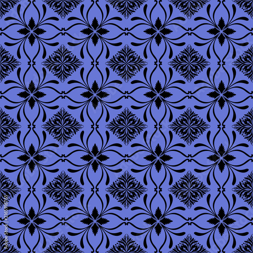 Black ornate damask seamless pattern on periwinkle blue background, elegant vector ornament