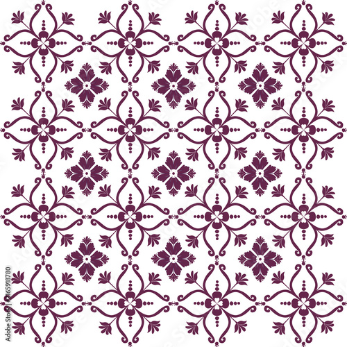 Vintage purple floral ornament seamless pattern on white background, classic vector design