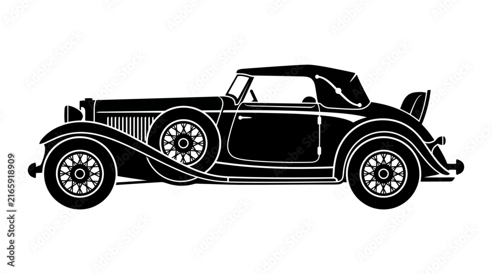Fototapeta premium Vintage luxury cabriolet automobile depicted in a sharp black and white high contrast vector graphic style