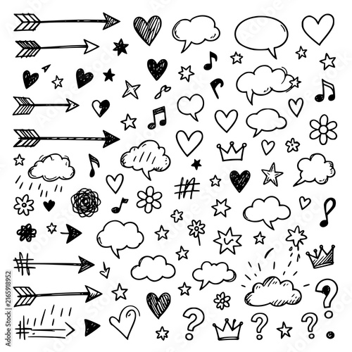 Сollection of various black doodle elements, manga-style illustration pictogram icon set. JPEG version.