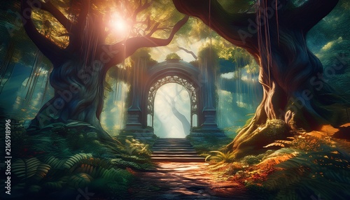 Magical Forest Entrance With Ancient Trees Sunlight Filtering Through Leaves Creating A Mystical Atmosphere