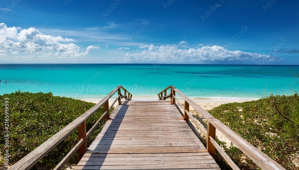 Fototapeta premium Wooden Boardwalk Leading To Tranquil Turquoise Ocean Beach