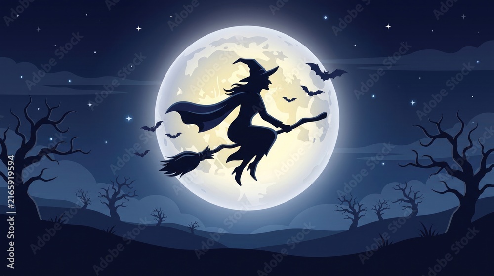 Fototapeta premium Silhouette of a witch flying on a broomstick across a full moonlit night sky with bats and spooky trees for halloween background