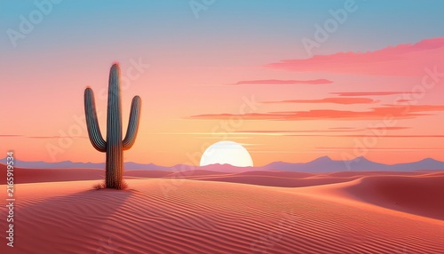 Minimalist Desert Scene With Lone Cactus Under Pastel Sunset Generative Ai