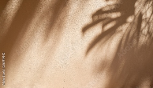 Beautiful Texture Of Beige Brown Luxury Smooth Stucco Wall With Soft Foliage Dappled Light Of Tropical Tree Leaf Shadow