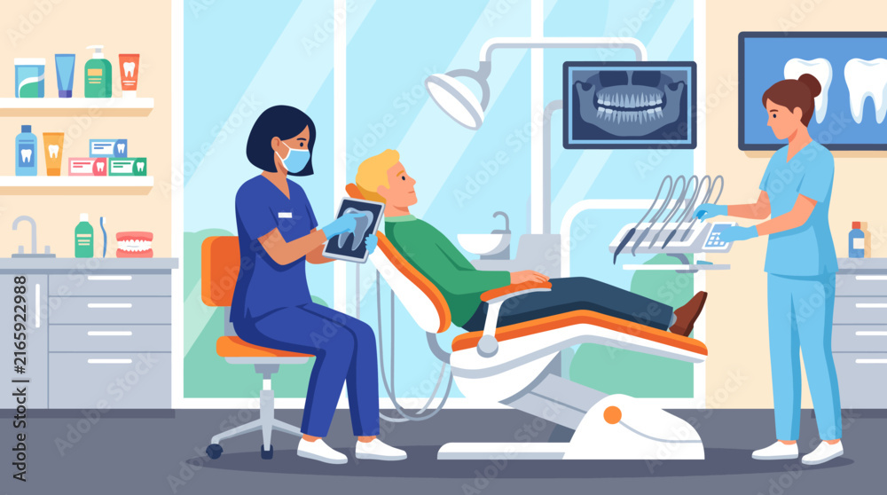 Fototapeta premium This illustration depicts a dental care session, showing two dental practitioners attending to a patient, showcasing care, professionalism, and the importance of oral health.
