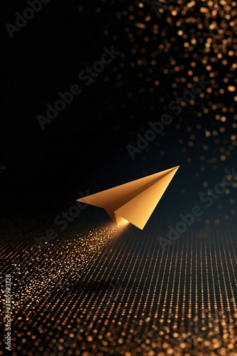 Paper airplane flies over glowing grid with gold particles on a dark background, symbolizing business growth and launch.