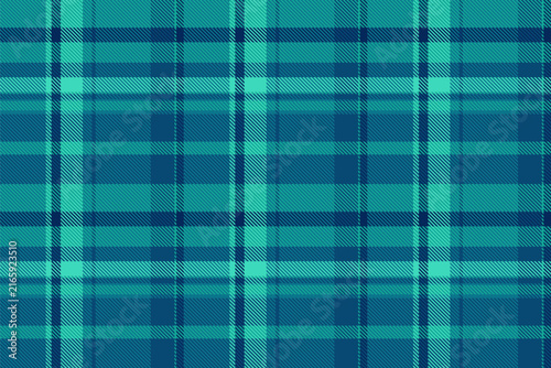 A traditional tartan plaid pattern with a balanced check structure and cyan and teal tones. The seamless textile background recreates a woven fabric look with a natural decorative character.