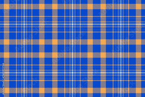 Traditional tartan plaid design with a classic woven appearance and blue and orange tones. The seamless pattern recreates the look of woven fabric and works well as a decorative surface background.