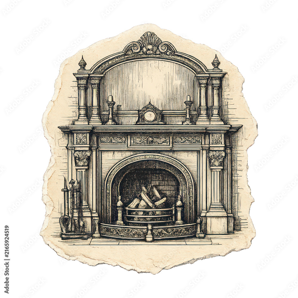 Naklejka premium PNG Vintage ornate fireplace illustration.