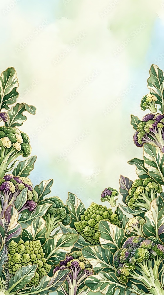 Fototapeta premium Watercolor illustration of purple and green cauliflower and broccoli