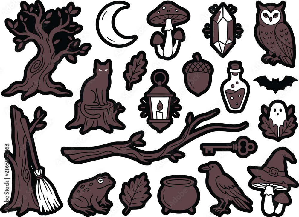 Fototapeta premium Set of halloween witch and magic elements icons and stickers in flat vector style