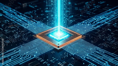 Obraz na płótnie Futuristic Central Processing Unit Microchip Streaming Binary Data Light Beam on Circuit Board for Artificial Intelligence and Cloud Computing Network
