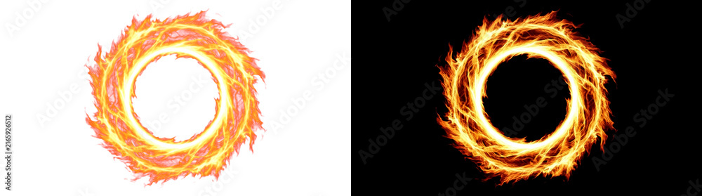 Fototapeta premium Fractured Round Fire Frame with Jagged Flaring Perimeter, Flaming Halo Border Overlay with Real Alpha Transparency
