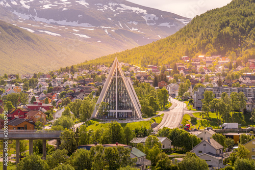 Cityscape with Cathedral in Tromso, Norway during midnight sun.