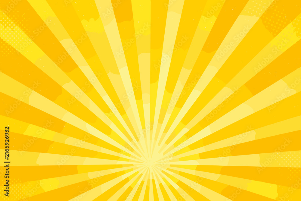 Fototapeta premium Yellow sunburst radial rays with comic style pop art design featuring bright orange and yellow sunbeams emanating from a central point with subtle halftone texture