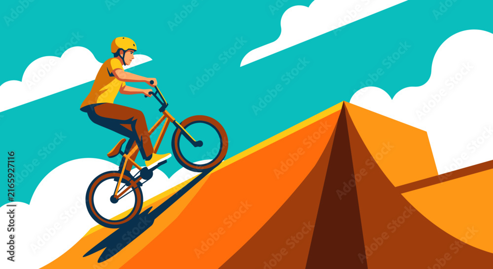 Fototapeta premium A young man riding a BMX bicycle up a steep orange ramp under a blue sky with clouds in a flat vector illustration style