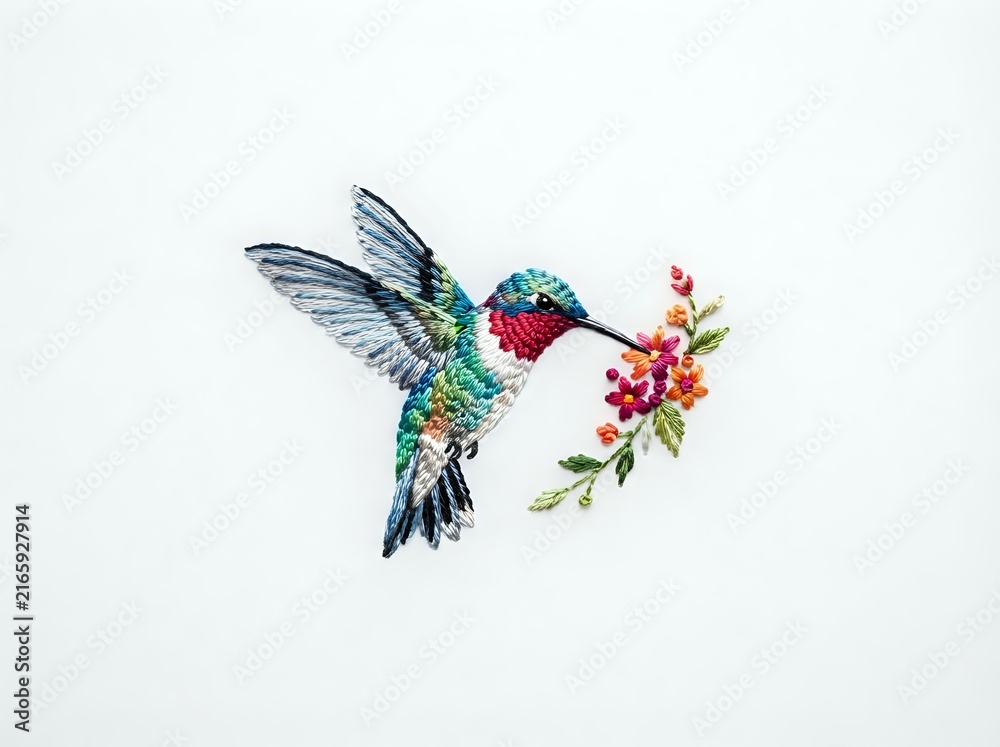 Fototapeta premium Hummingbird in flight approaching vibrant magenta and pink flowers