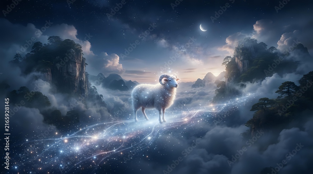 Fototapeta premium Ethereal llama standing on glowing celestial pathway among clouds and mountains, surrounded by magical light particles and starry night sky for fantasy and dreamlike concepts.