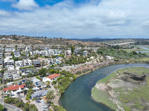 Aerial view of Cardiff by the Sea, beach community in the incorporated city of Encinitas in San Diego County, California, USA. The Pacific Ocean is to the west of Cardiff