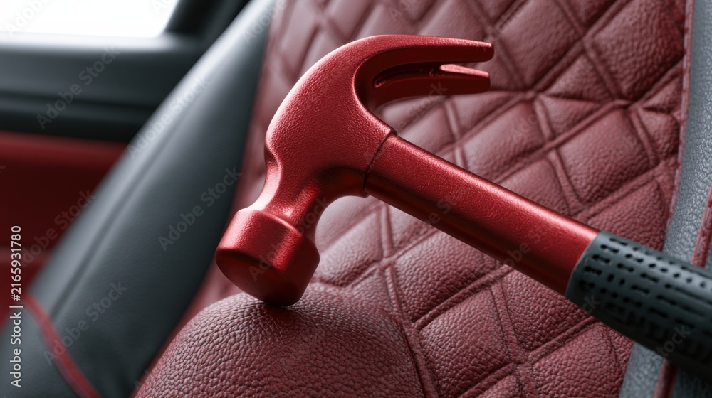 Naklejka premium Red hammer on quilted leather seat, tool resting on seam during upholstery repair inside luxury car, closeup showing textured grain, stitched pattern, padded cushion, chrome accent, glossy finish,