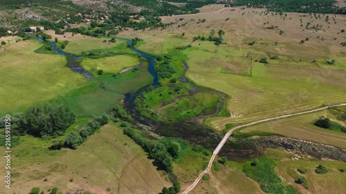 Aerial Drone View of Cetina River Spring and Green Landscape Near Civljane, Croatia