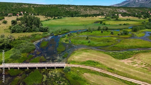 Aerial Drone View of Cetina River Spring and Green Landscape Near Civljane, Croatia
