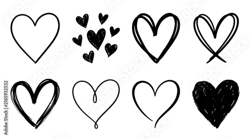 Hand drawn black heart icons set featuring various artistic styles for romantic design projects and art