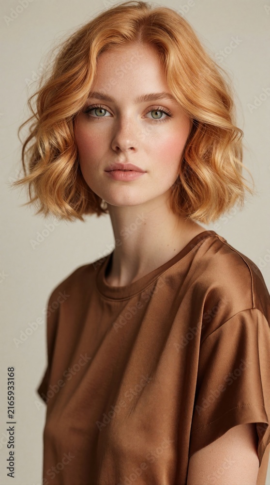 Fototapeta premium Young woman with strawberry blonde wavy hair poses indoors wearing brown silk shirt. Her friendly gaze and soft makeup create a natural, elegant look. She conveys confidence and modern style.