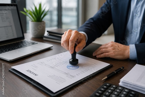 Close-up of a business professional stamping an invoice in a modern office workspace. Realistic corporate scene with documents, laptop, and office desk, symbolizing approval, accounting, finance, admi