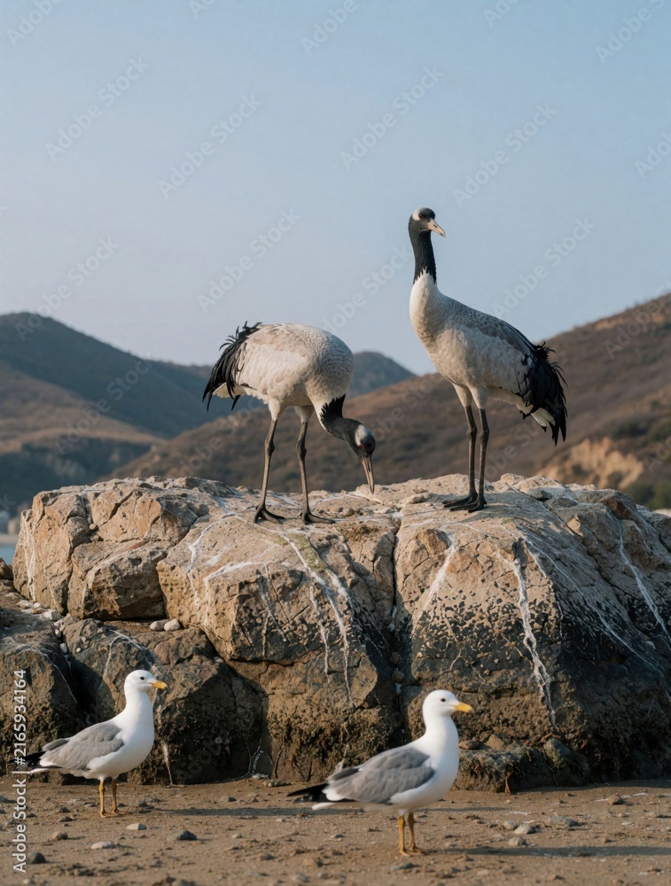 Naklejka premium Two tall cranes stand on a rocky shore with seagulls nearby. Birds are on coastal rocks with hills in background. Nature scene with avian life. Calm day.