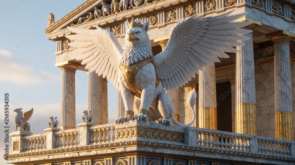 Fototapeta premium Majestic winged griffin sits atop ancient Greek temple with marble columns. Creature wears golden crown and armor, bathed in soft morning light, suggesting mythical power and regal presence.