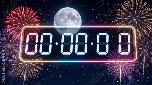 Naklejka Digital clock displays midnight 00 00 00 under full moon amidst colorful fireworks. New Year countdown, celebration begins with bright pyrotechnics lighting up dark night sky.