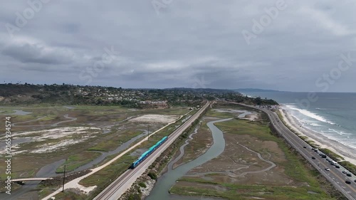 Aerial view of Cardiff by the Sea, beach community in the incorporated city of Encinitas in San Diego County, California, USA. The Pacific Ocean is to the west of Cardiff