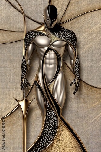 AI-generated illustration, portrait of a young scowling male warrior and his spear-like weapon, in gold and silver