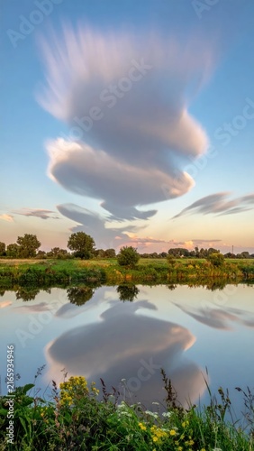 Column of lenticular clouds reflected in a still lake.