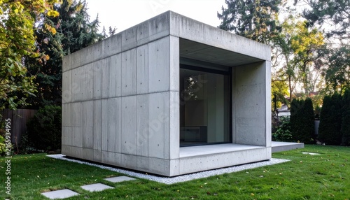Compact modern concrete studio house in green yard.