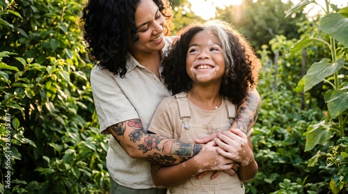 Loving mother with tattoos hugging her smiling daughter with vitiligo and poliosis in a sunny lush garden, celebrating natural beauty, family bonding, and diversity in a green outdoor setting