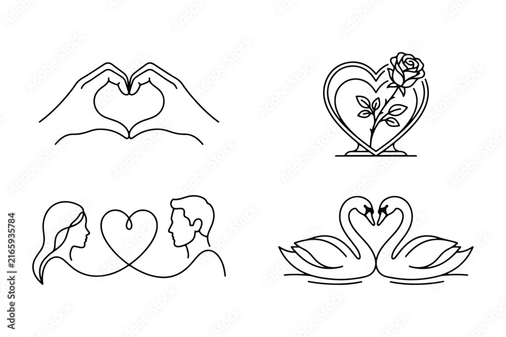 Obraz premium Romantic love outlines featuring hands forming a heart and kissing swans