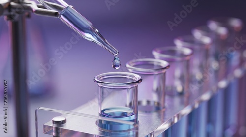 Close-up of a pipette dripping blue liquid into a test tube, surrounded by other scientific equipment. The lighting is moody and atmospheric, with a shallow depth of field that blurs the background