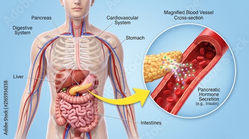 Medical illustration of pancreatic hormone secretion into bloodstream